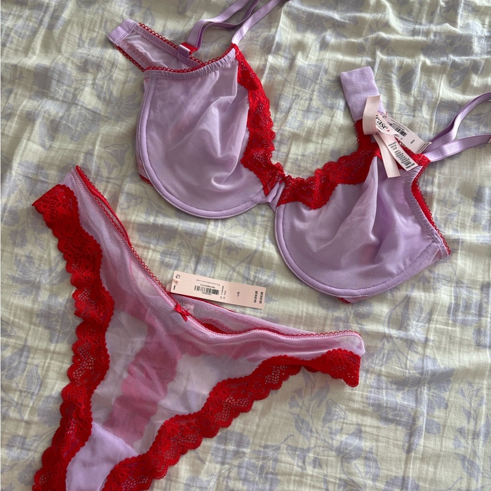 Victoria's Secret Lavender and Red Lace Bra Set